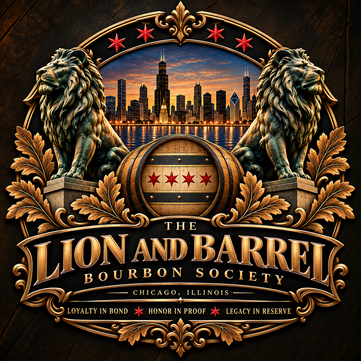 The Lion and Barrel Bourbon Society official crest with Chicago skyline, lions and barrel
